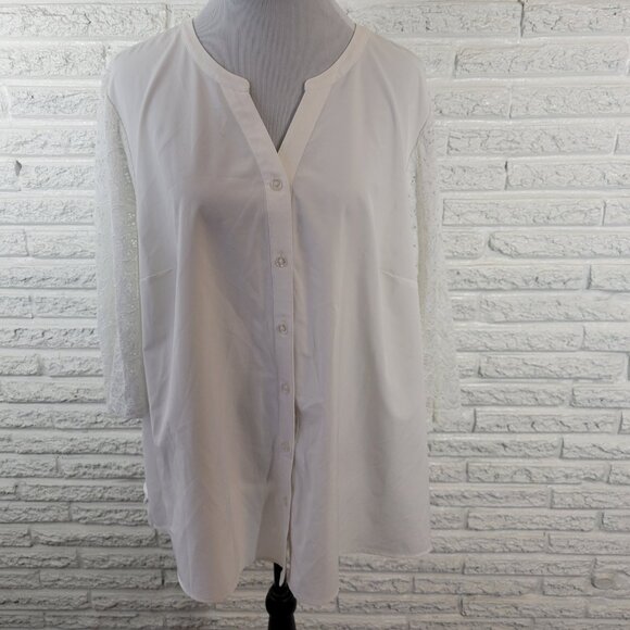 Denim Co Womens Top 2X Plus 3/4 Eyelet Embroidered Sleeve White Button WHI17E - Picture 1 of 8